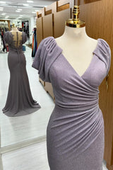 Dusty Lavender Velvet Surplice Sheer Back Evening Gown