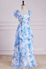 Light Blue Floral Print Cutout Maxi Dress with Flutter Sleeves