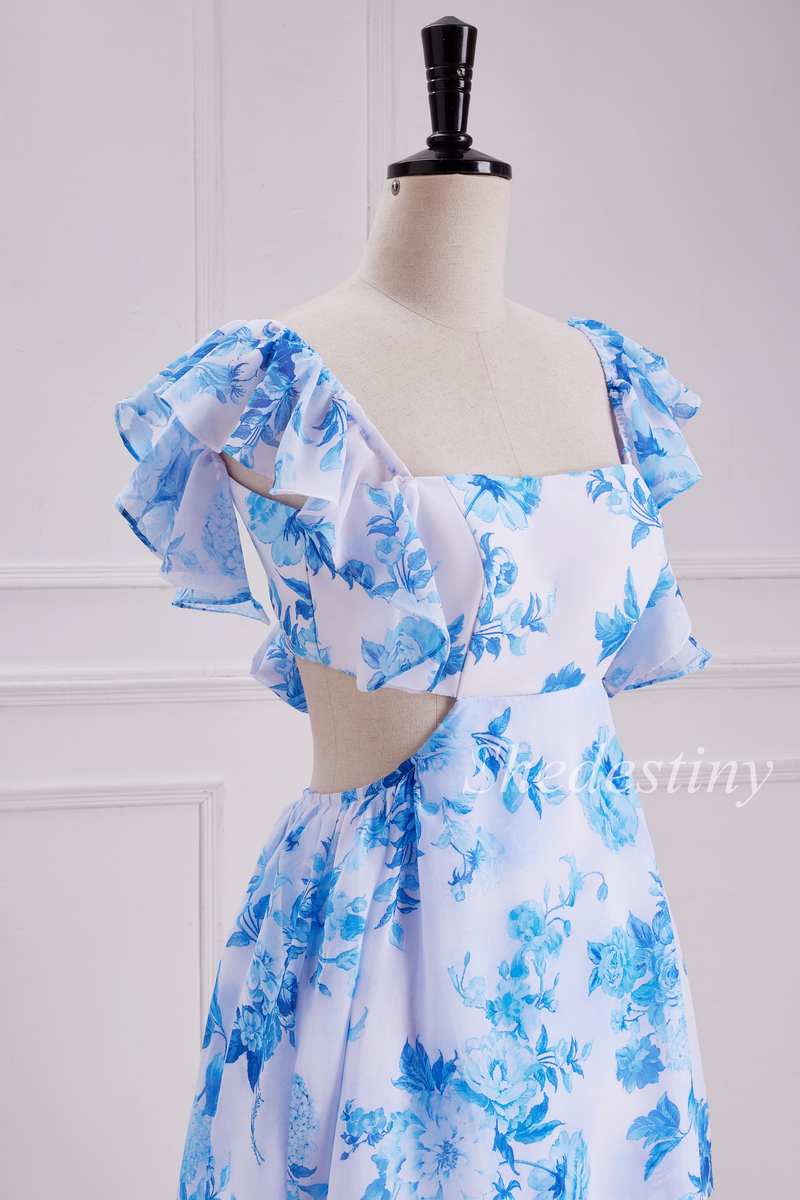 Light Blue Floral Print Cutout Maxi Dress with Flutter Sleeves