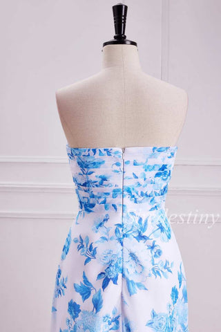 Light Blue Floral Print Shirred Strapless Maxi Dress