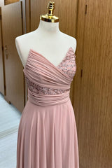 Dusty Pink Strapless Sequin Lace Chiffon Bridesmaid Dress