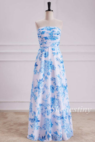 Light Blue Floral Print Shirred Strapless Maxi Dress