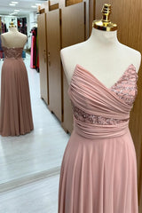 Dusty Pink Strapless Sequin Lace Chiffon Bridesmaid Dress