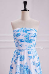 Light Blue Floral Print Shirred Strapless Maxi Dress