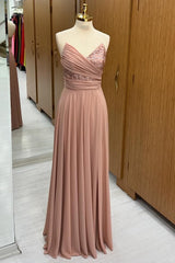 Dusty Pink Strapless Sequin Lace Chiffon Bridesmaid Dress