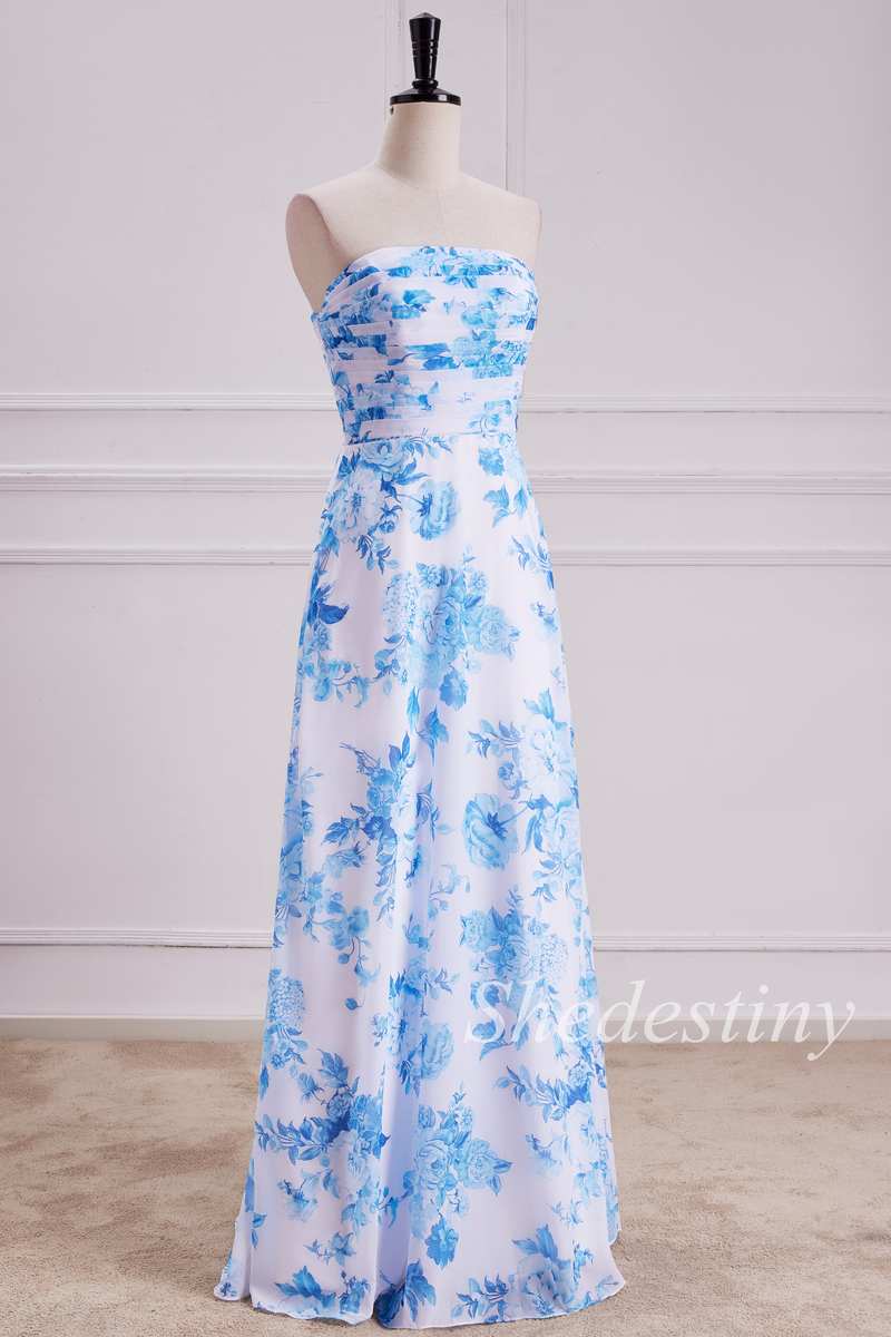 Light Blue Floral Print Shirred Strapless Maxi Dress