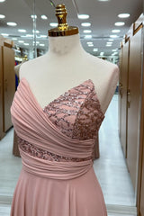 Dusty Pink Strapless Sequin Lace Chiffon Bridesmaid Dress