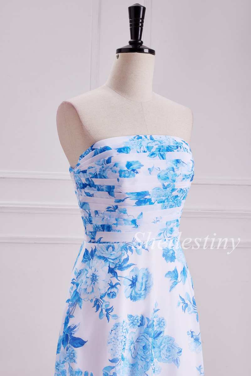 Light Blue Floral Print Shirred Strapless Maxi Dress