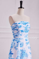 Light Blue Floral Print Shirred Strapless Maxi Dress