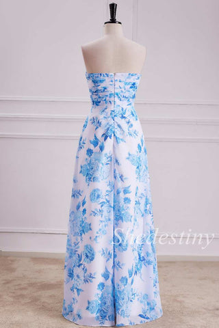 Light Blue Floral Print Shirred Strapless Maxi Dress
