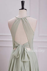 Sage Halter Tie-Back Keyhole Maxi Dress with Slit