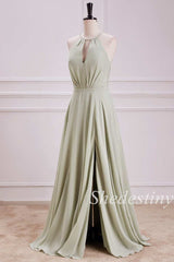 Sage Halter Tie-Back Keyhole Maxi Dress with Slit