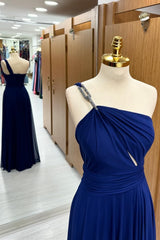 One-Shoulder Royal Blue Chain Strap Wedding Guest Dress