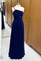 One-Shoulder Royal Blue Chain Strap Wedding Guest Dress