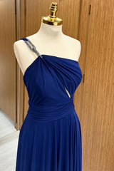 One-Shoulder Royal Blue Chain Strap Wedding Guest Dress