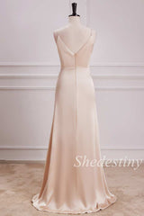 Champagne V-Neck Ruched Maxi Dress with Slit