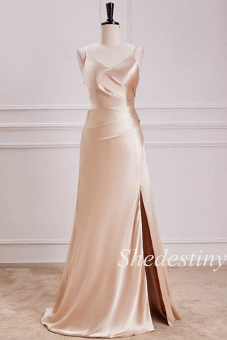 Champagne V-Neck Ruched Maxi Dress with Slit