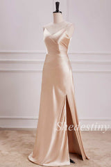 Champagne V-Neck Ruched Maxi Dress with Slit