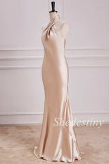 Champagne Halter Mermaid Maxi Dress