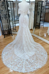 Ivory Appliques Off-the-Shoulder Trumpet Wedding Dress