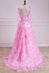 Pink Floral Print Tiered Ruffle Long Prom Dress with Slit