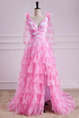 Pink Floral Print Tiered Ruffle Long Prom Dress with Slit