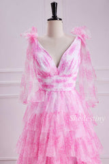 Pink Floral Print Tiered Ruffle Long Prom Dress with Slit