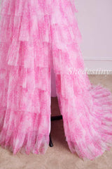 Pink Floral Print Tiered Ruffle Long Prom Dress with Slit