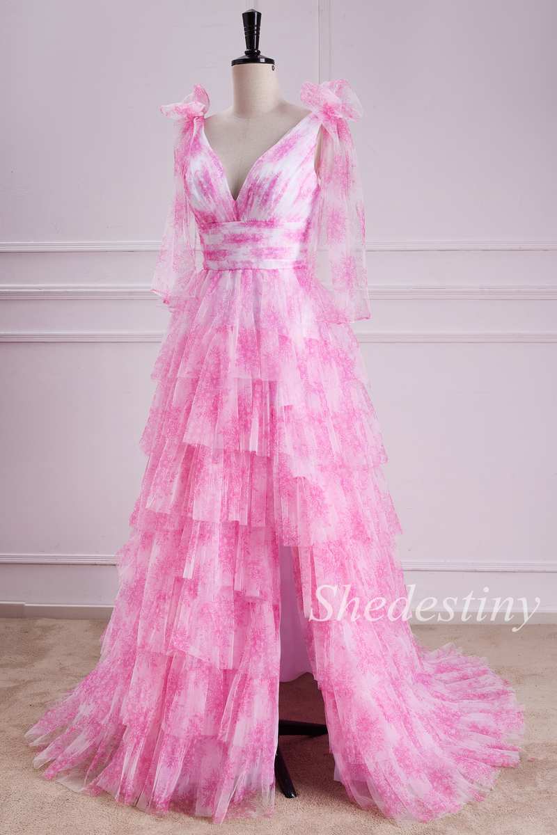 Pink Floral Print Tiered Ruffle Long Prom Dress with Slit