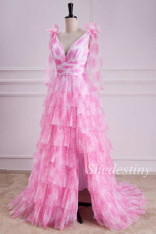 Pink Floral Print Tiered Ruffle Long Prom Dress with Slit