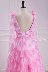 Pink Floral Print Tiered Ruffle Long Prom Dress with Slit