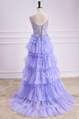 Lavender Appliques Lace-Up Tiered Ruffle Long Prom Gown