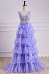 Lavender Appliques Lace-Up Tiered Ruffle Long Prom Gown