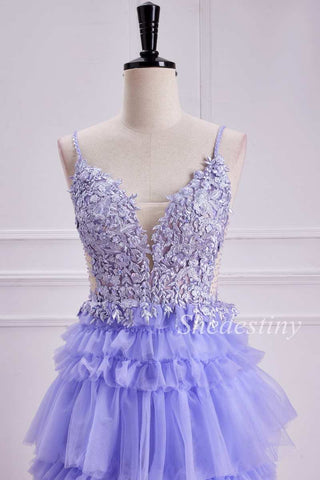 Lavender Appliques Lace-Up Tiered Ruffle Long Prom Gown