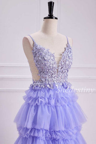 Lavender Appliques Lace-Up Tiered Ruffle Long Prom Gown