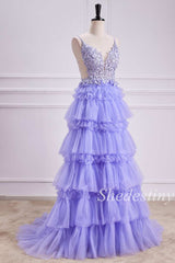 Lavender Appliques Lace-Up Tiered Ruffle Long Prom Gown