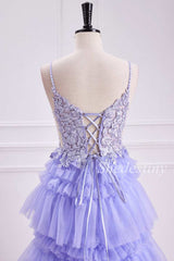 Lavender Appliques Lace-Up Tiered Ruffle Long Prom Gown