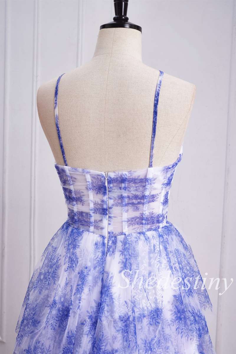 back of Blue Print Halter Keyhole Ruffle Tiered Prom Dress