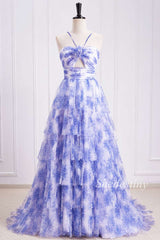 Blue Print Halter Keyhole Ruffle Tiered Prom Dress