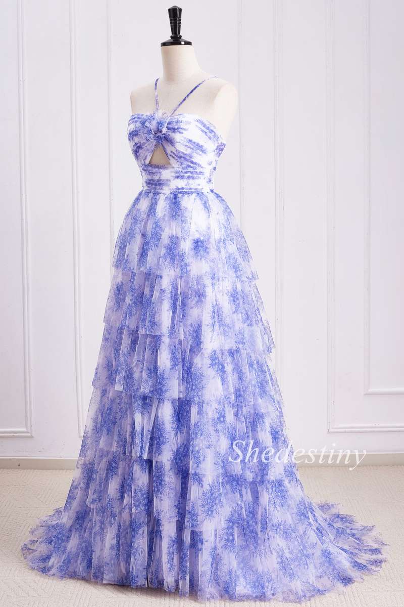 Blue Print Halter Keyhole Ruffle Tiered Prom Dress