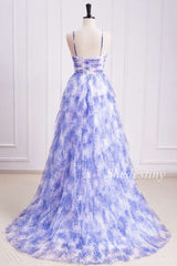 back of Blue Print Halter Keyhole Ruffle Tiered Prom Dress