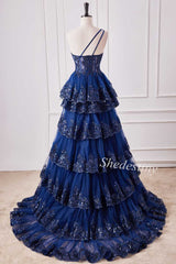 One-Shoulder Ruffle Tiered Prom Dress with Glitter Appliques