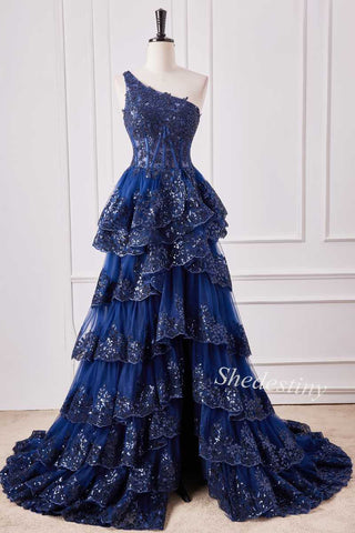 One-Shoulder Ruffle Tiered Prom Dress with Glitter Appliques