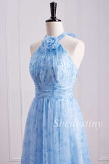 top of Blue Print Halter Rosette Long Bridesmaid Dress