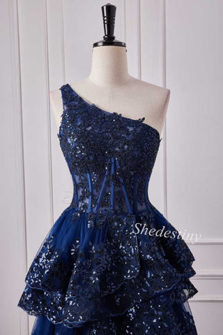 One-Shoulder Ruffle Tiered Prom Dress with Glitter Appliques