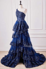 One-Shoulder Ruffle Tiered Prom Dress with Glitter Appliques