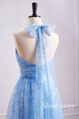 back of Blue Print Halter Rosette Long Bridesmaid Dress