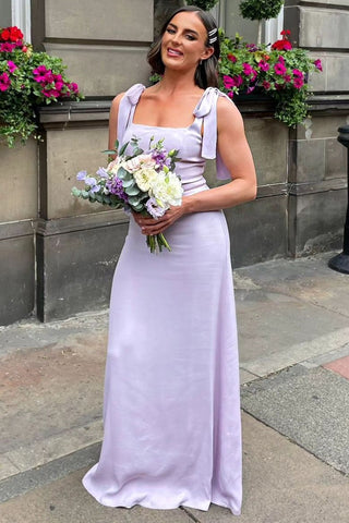 Square Neck A-Line Maxi Dress with Bow Straps in Lavender