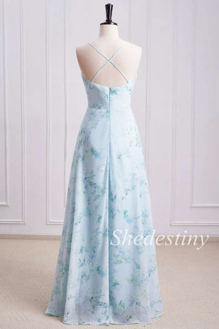 back of Floral Print Cowl Neck Spaghetti Strap Bridesmaid Dress
