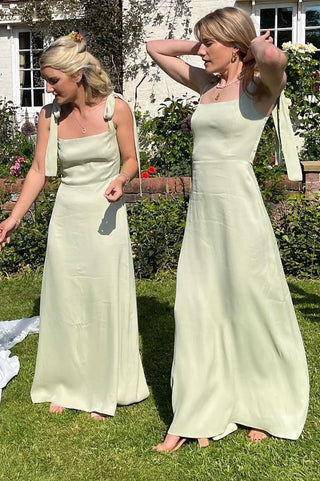 Square Neck A-Line Maxi Dress with Bow Straps in Sage Green
